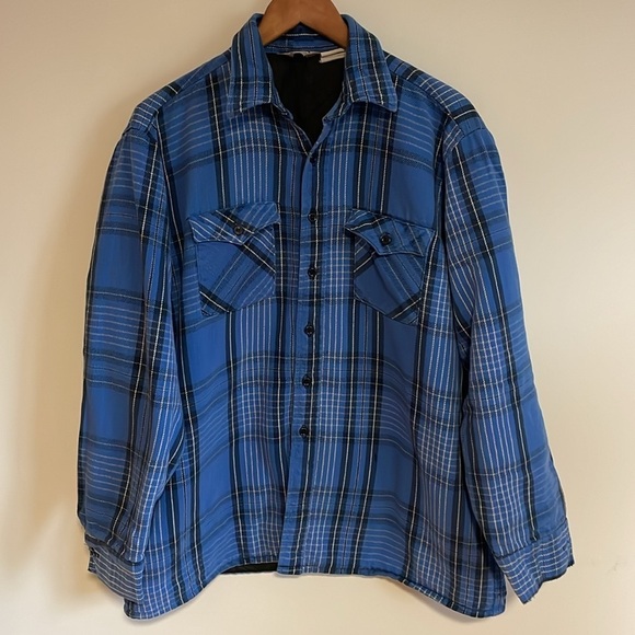 VTG Plaid Shacket XL Blue Winter Run Pockets Dad Oversized Fall Button Down Barn - Picture 4 of 15